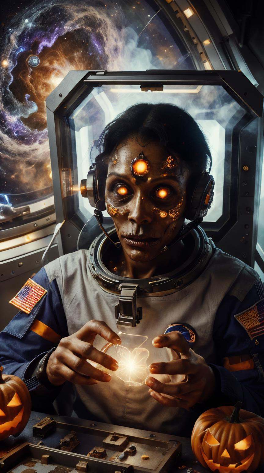 RAW Photo of HalloweenGlowStyle Black woman astronaut conducting scientific experiments in space on Tensor.Art