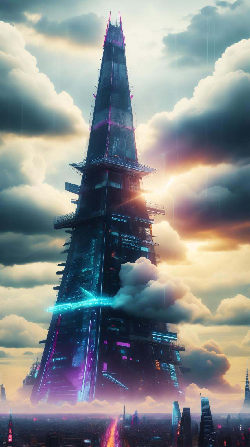 RAW Photo of C7b3rp0nkStyle view of the shard piercing into a cloud-filled sky from a rainy London street on Tensor.Art