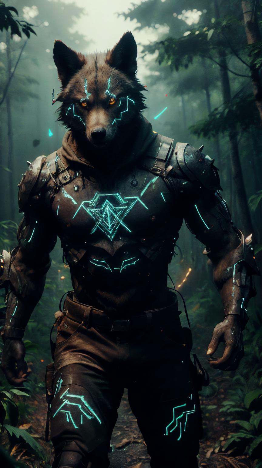 RAW Photo of C7b3rp0nkStyle a pack of luminescent wolves hunting in a neon-lit forest on Tensor.Art