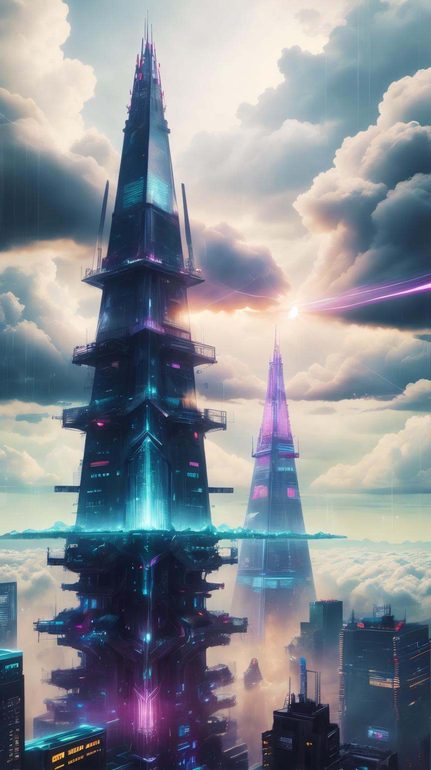 RAW Photo of CyberpunkWorld view of the shard piercing into a cloud-filled sky from a rainy London street on Tensor.Art
