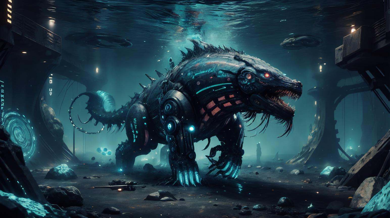 RAW Photo of CyberpunkWorld massive prehistoric sea creatures roaming the depths of an ancient ocean,  cyberpunk on Tensor...