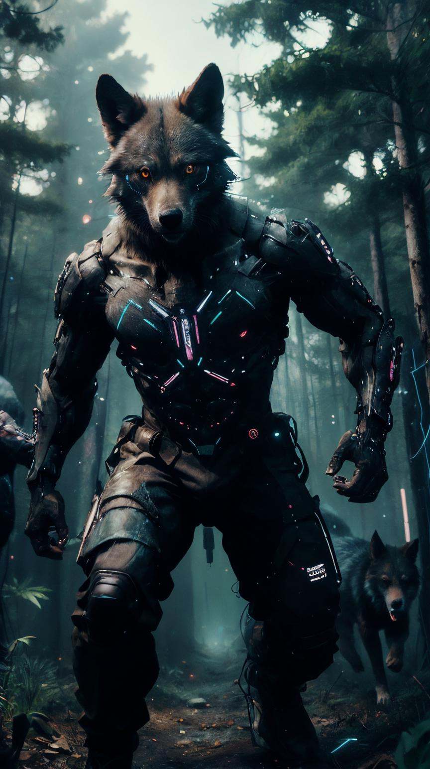 RAW Photo of CyberpunkWorld a pack of luminescent wolves hunting in a neon-lit forest on Tensor.Art