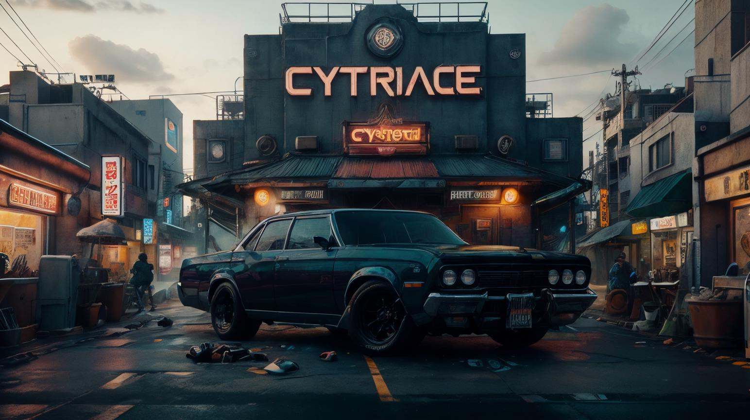 RAW Photo of CyberpunkWorld a vintage Chevrolet Impala parked in front of a retro diner,  cyberpunk on Tensor.Art