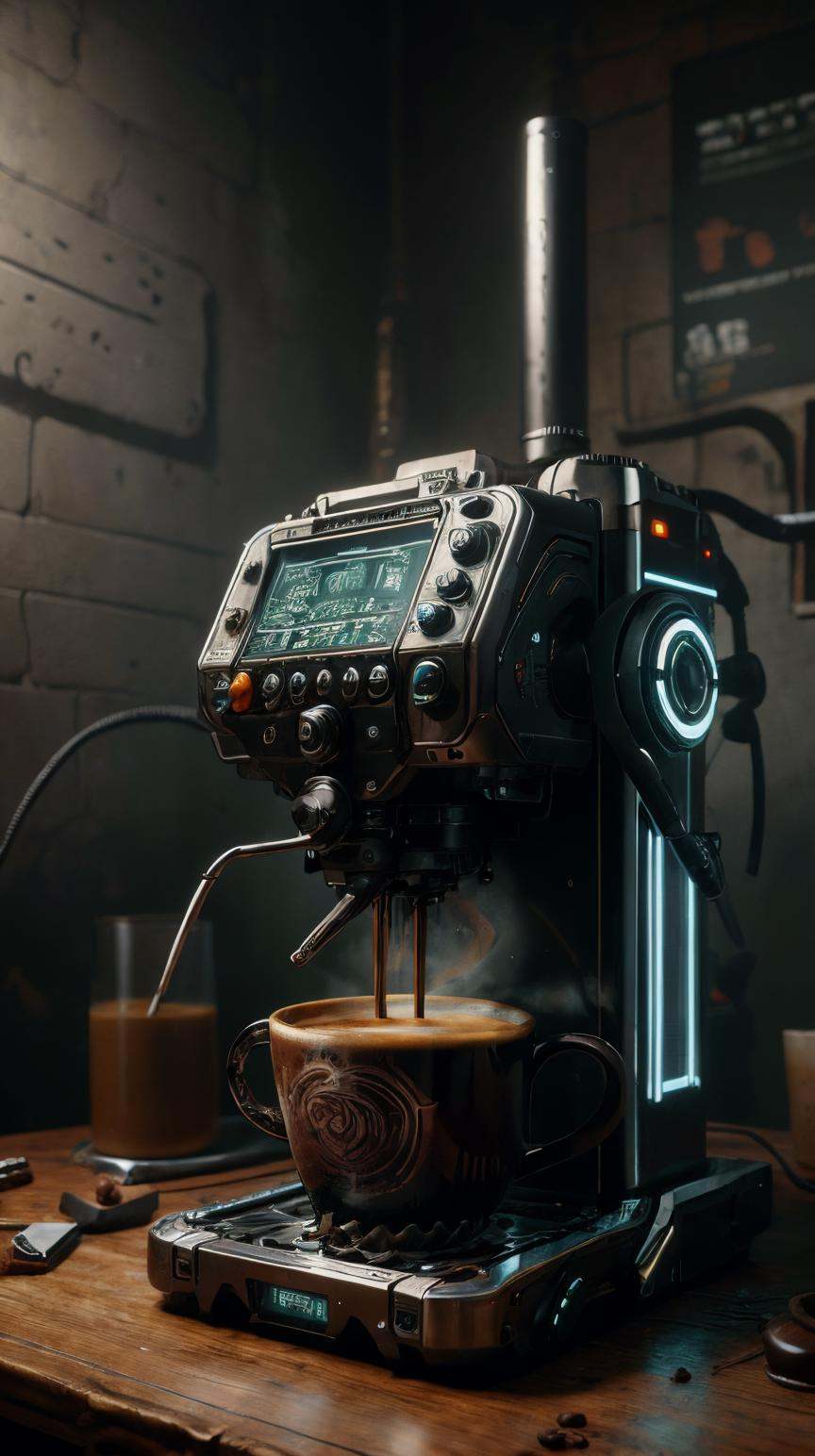 RAW Photo of CyberpunkWorld coffee machine,  cyberpunk style,  photorealistic on Tensor.Art