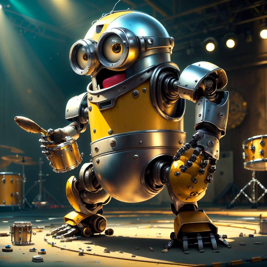 MinionStyle self-playing metallic drum set with robotic arms on Tensor.Art
