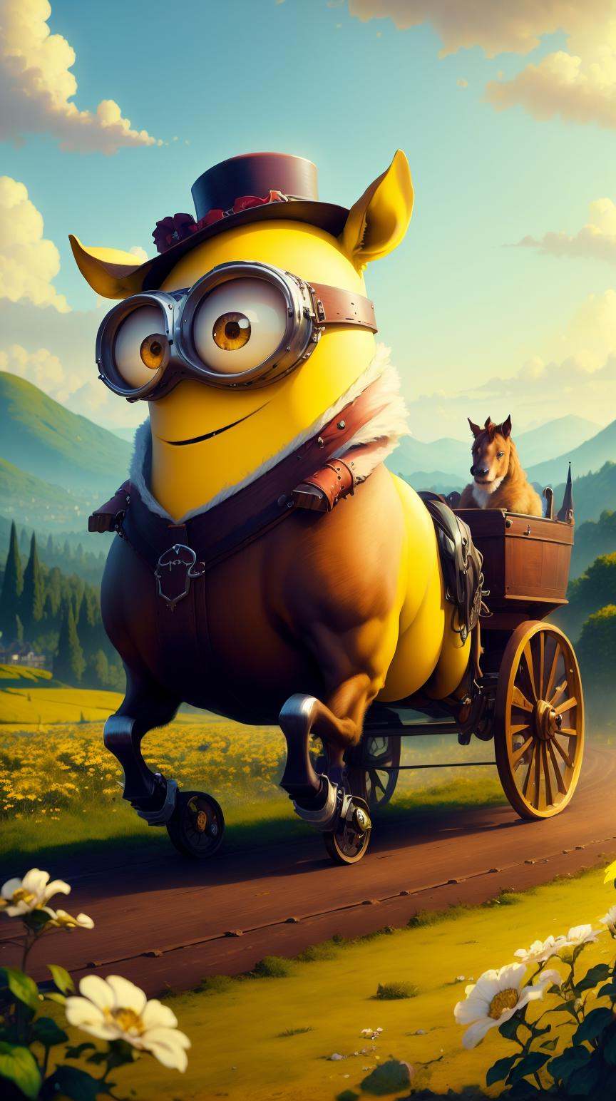 MinionStyle Yellow a horse-drawn carriage rolling through a picturesque countryside on Tensor.Art