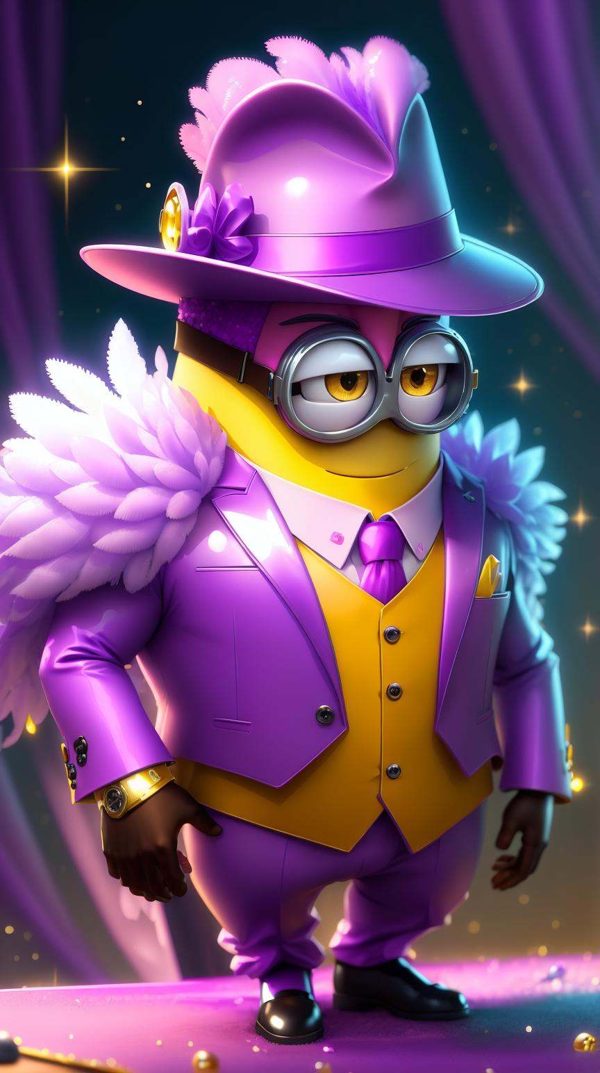 MinionStyle Purple guy in a sequined hot pink suit with a feathered fedora on Tensor.Art