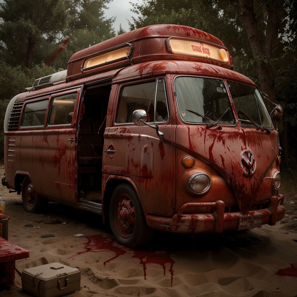 CarnageStyle,  ,  a retro Volkswagen bus parked at a campsite near a sandy beach on Tensor.Art