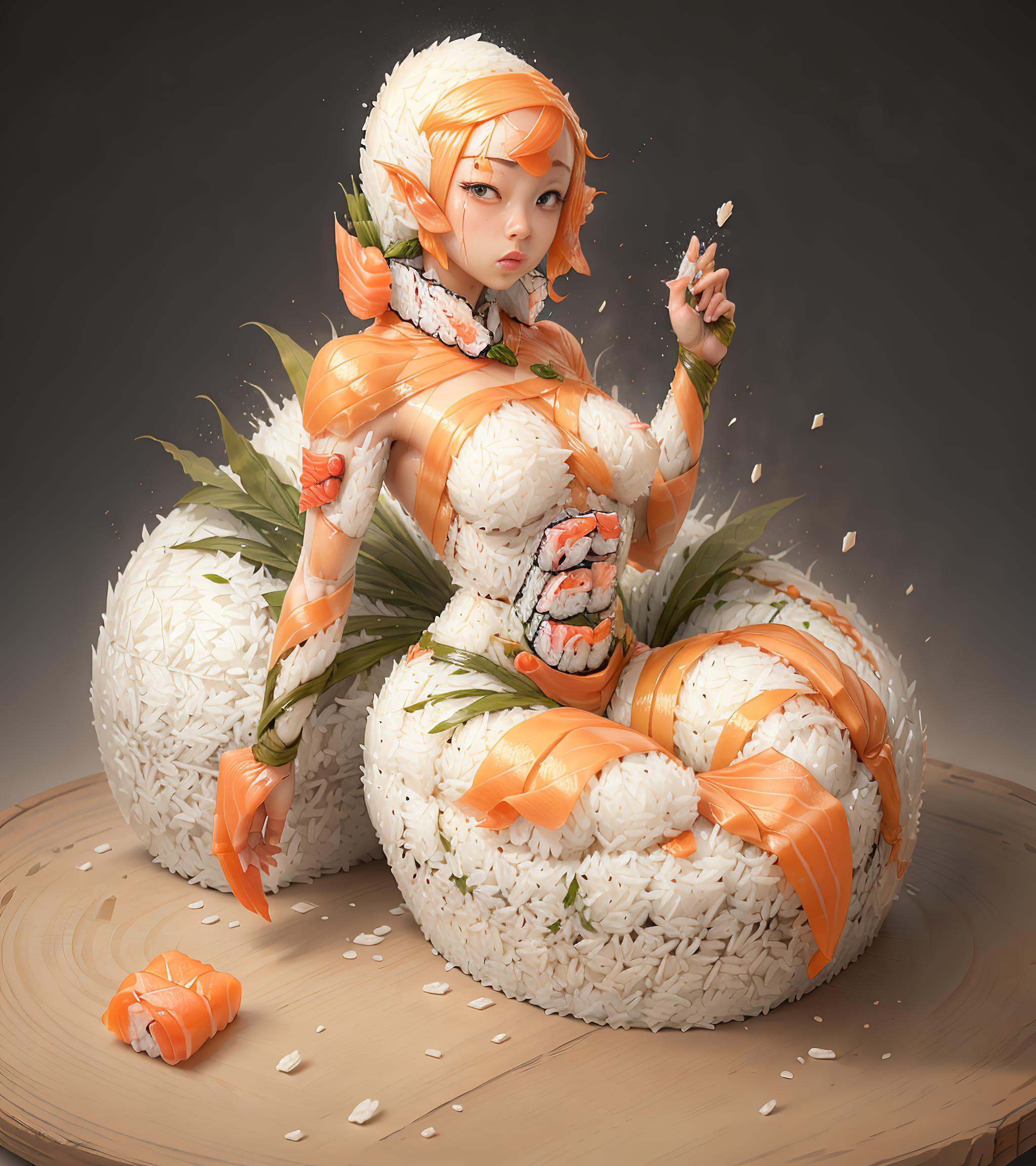 SushiStyle body made out of rice,  rice skin on Tensor.Art