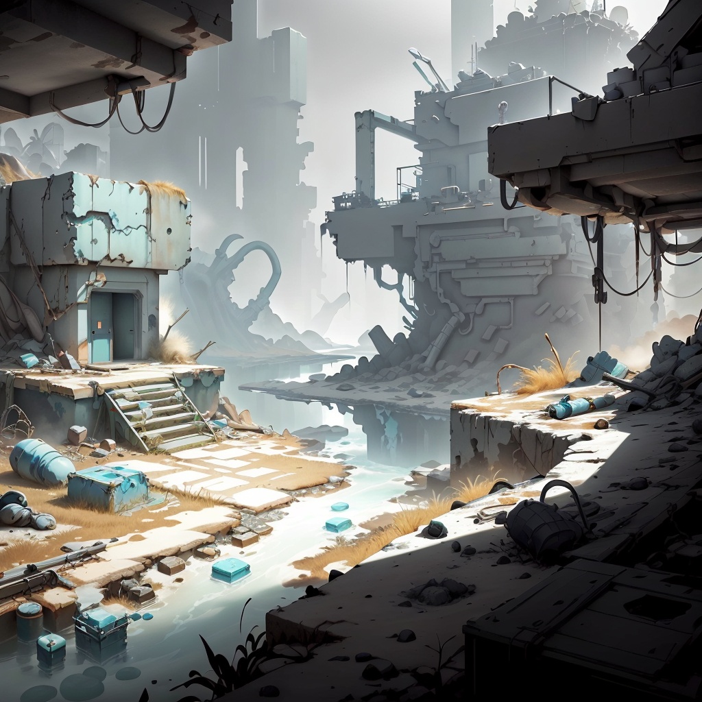 Aqua_blue two-tone color WhiteboxStyle,  Nuclear Wasteland Battlefield: Cratered terrain,  irradiated zones on Tensor.Art