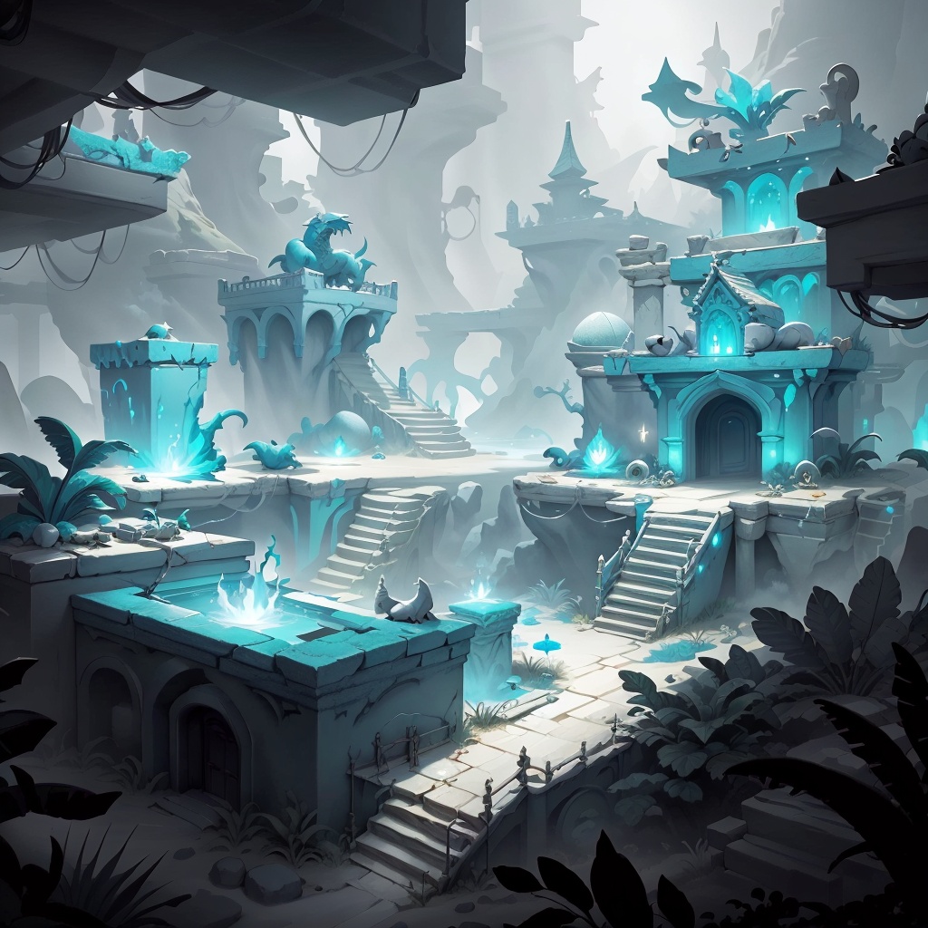 Cyan two-tone color WhiteboxStyle,  Fantasy Quest in Dragon's Lair: Scaled platforms,  fiery obstacles on Tensor.Art