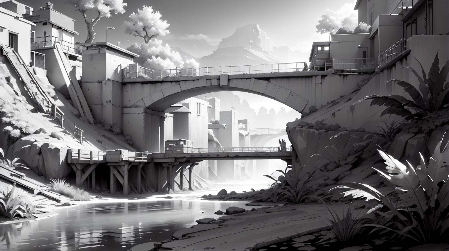WhiteboxStyle Riparian Zone,  Riverbanks with water-loving vegetation,  beavers busy building a dam platform level monochr...