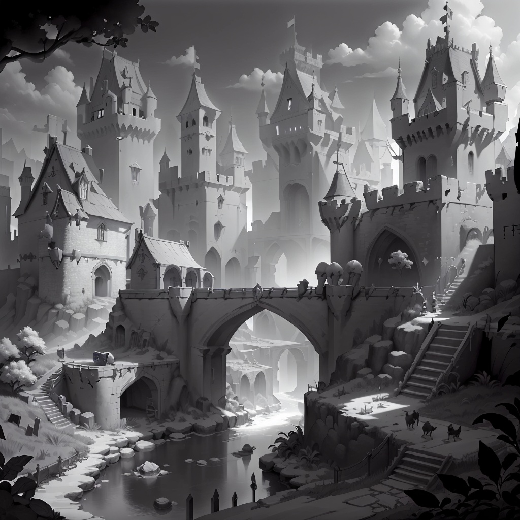 Gray color colorful WhiteboxStyle,  Medieval Castle Ramparts: Battlements,  drawbridges on Tensor.Art
