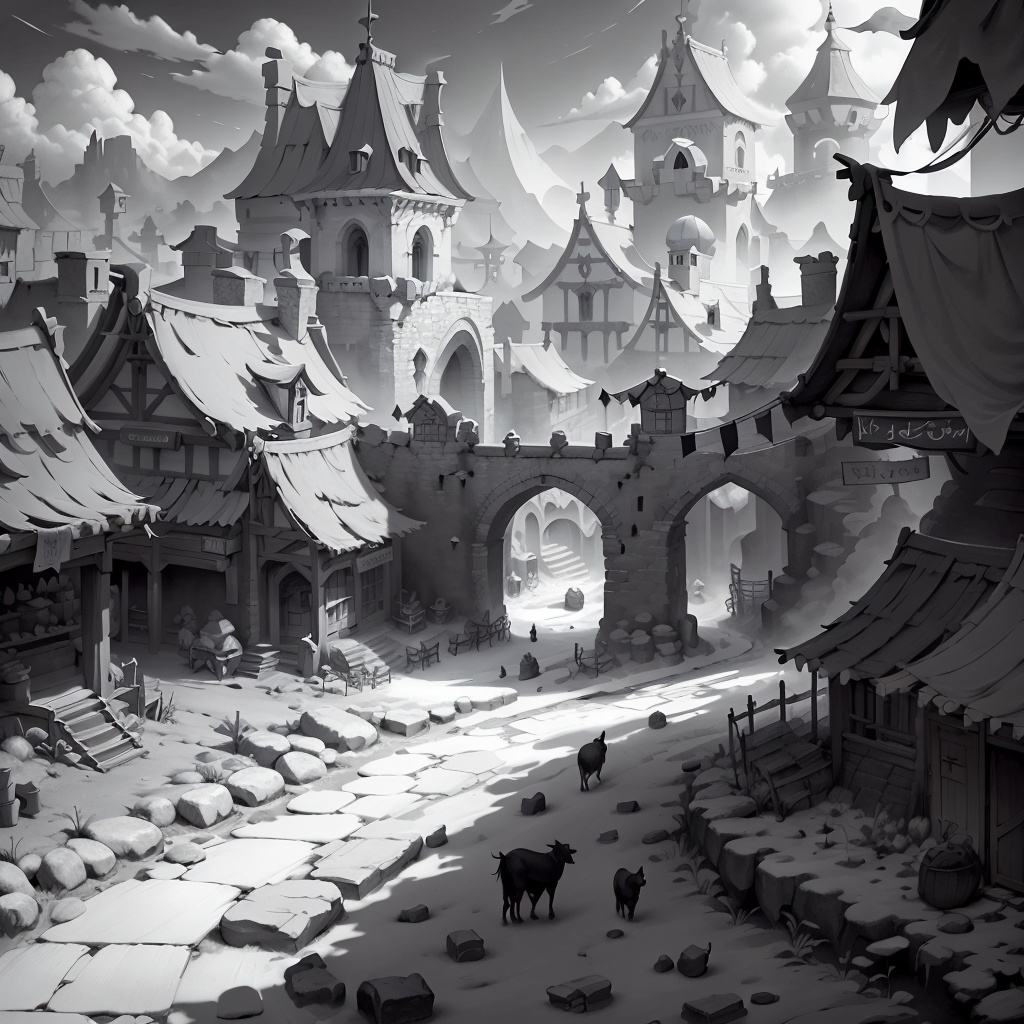Black color colorful WhiteboxStyle,  Bustling Medieval Marketplace: Stalls,  merchants on Tensor.Art