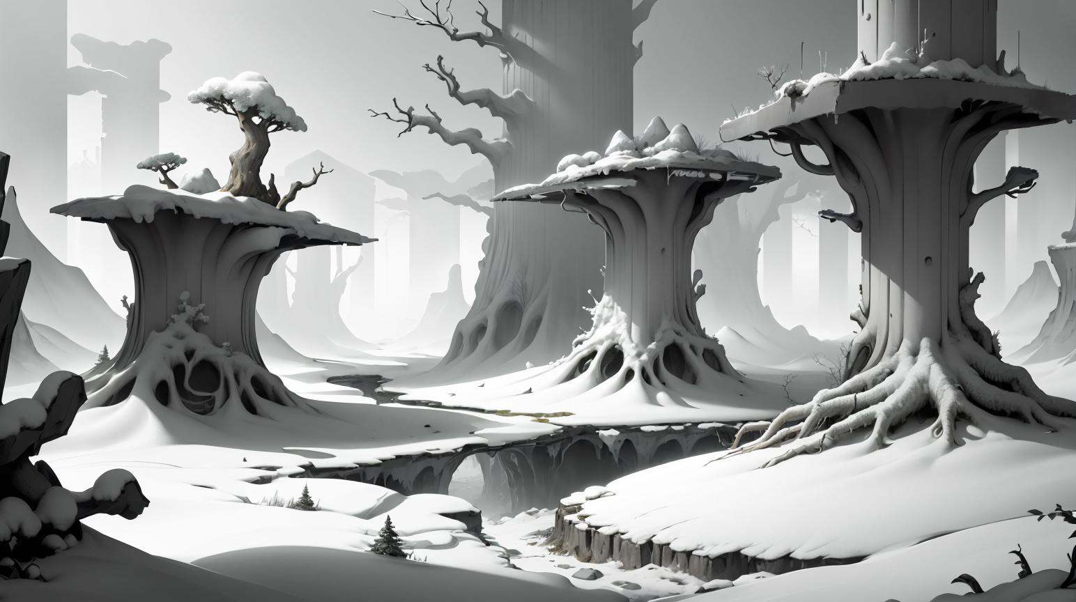 WhiteboxStyle Drunken Forest,  Permafrost terrain with slanted trees,  a surreal landscape under a cold sky platform level...
