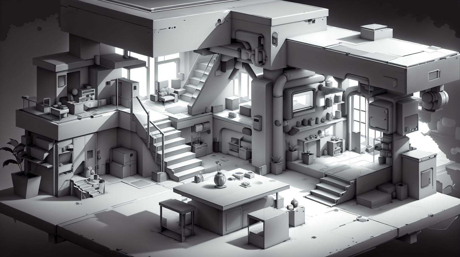 WhiteboxStyle Retro Futuristic Living Room: Rounded furniture,  monochrome colors,  robotic servants on Tensor.Art