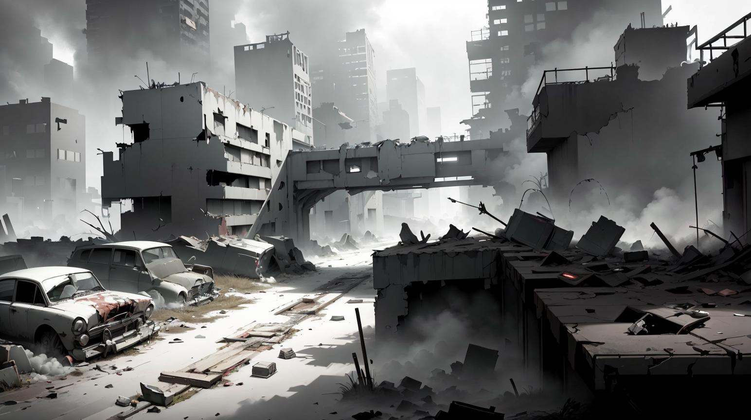 WhiteboxStyle Zombie-infested City Street: Abandoned cars,  broken windows,  ominous fog on Tensor.Art