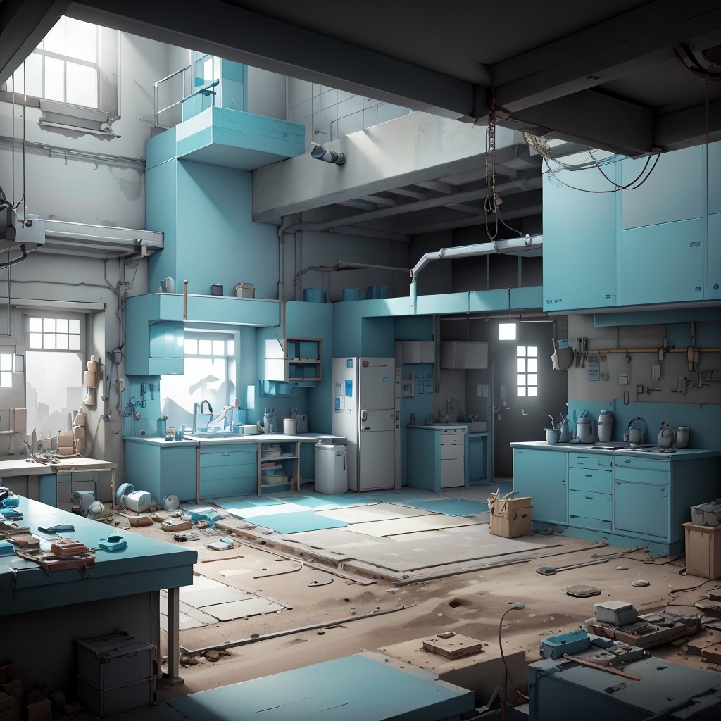 Teal_blue two-tone color WhiteboxStyle,  mechanical workshop on Tensor.Art