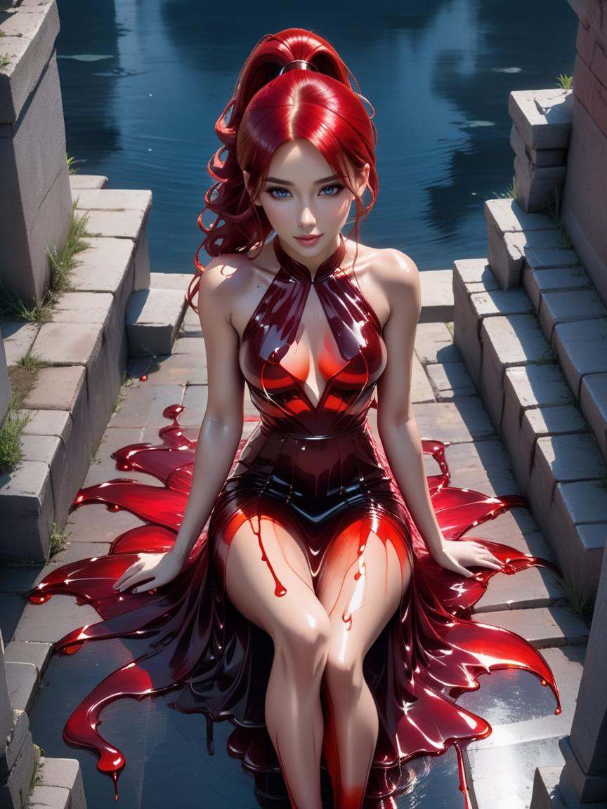 breathtaking a beautiful woman wearing a Racing Red (liquid dress) Sitting cross-legged on the ground in Midgar,  ,  Overh...