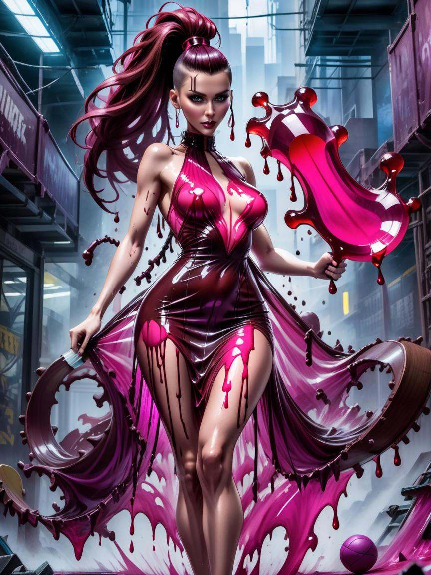 Fighting game style a beautiful woman wearing a Cerise (liquid dress) Posing with a sports equipment in City of the Damned...