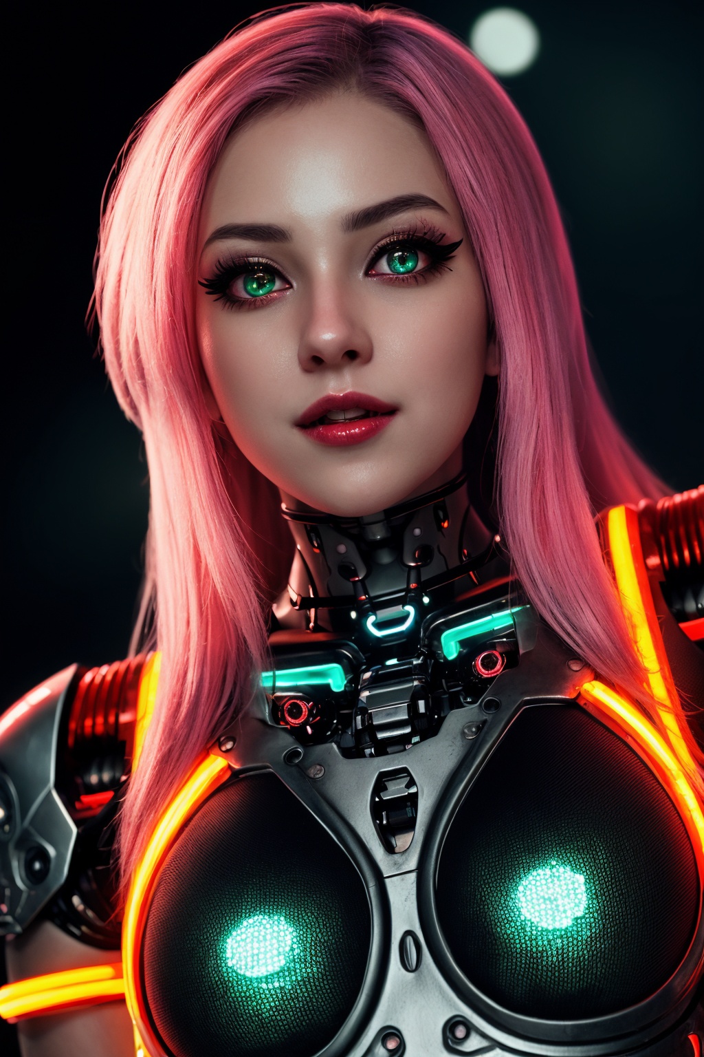 (Vivid neon night,  detailed background),  (petite cyborg girl on Tensor.Art