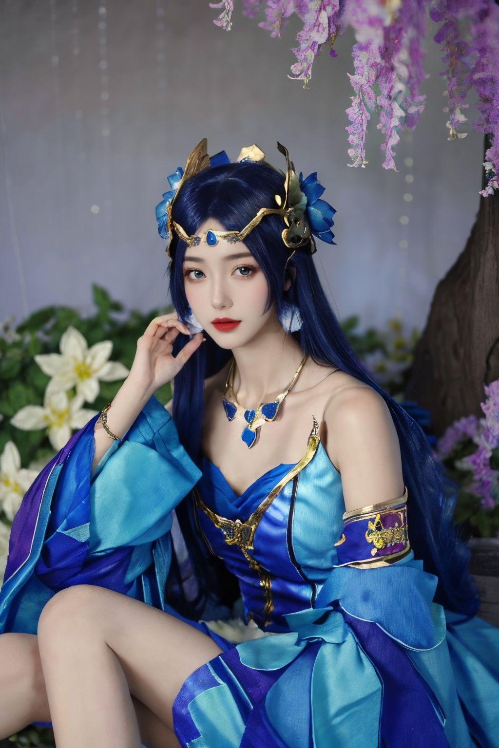looking at viewer, Best quality, masterpiece, ultra high res, (photorealistic:1.4), solo, <lora:zhongxiayezhimeng:0.75>, zhongxiayezhimeng, 1girl, solo, dress, jewelry, flower, looking at viewer, sitting, butterfly, upper body, tree, 
