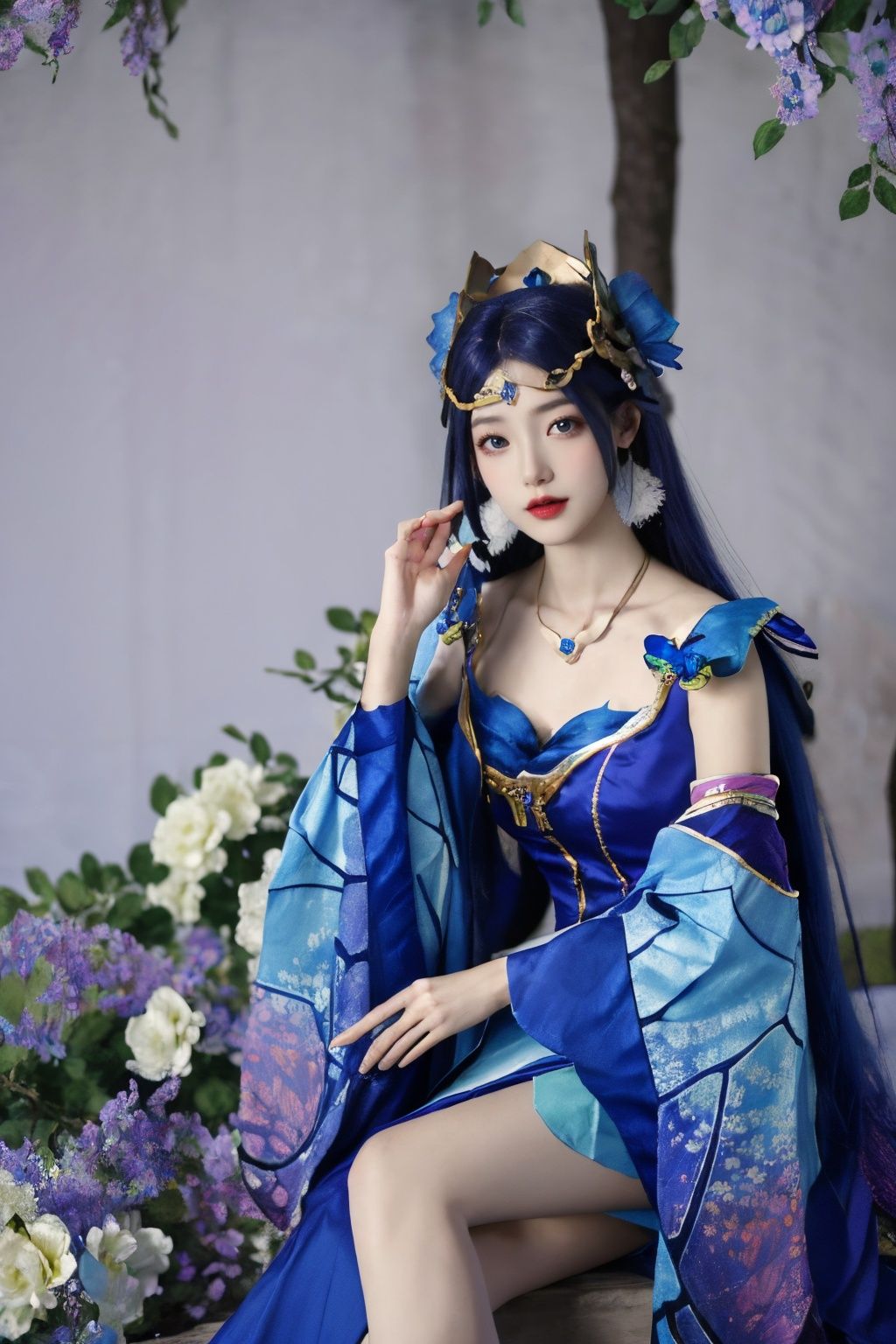 looking at viewer, Best quality, masterpiece, ultra high res, (photorealistic:1.4), solo, <lora:zhongxiayezhimeng:0.75>, zhongxiayezhimeng, 1girl, solo, dress, jewelry, flower, looking at viewer, sitting, butterfly, upper body, tree, 