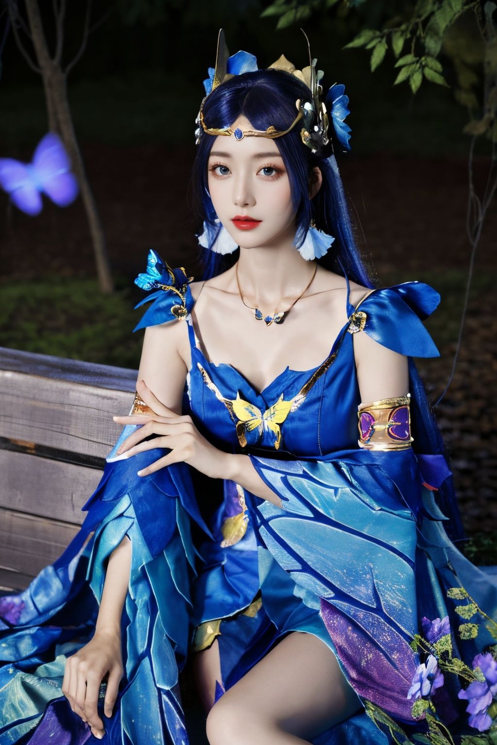 looking at viewer, Best quality, masterpiece, ultra high res, (photorealistic:1.4), solo, <lora:zhongxiayezhimeng:0.75>, zhongxiayezhimeng, 1girl, solo, dress, jewelry, flower, looking at viewer, sitting, butterfly, upper body, tree, 