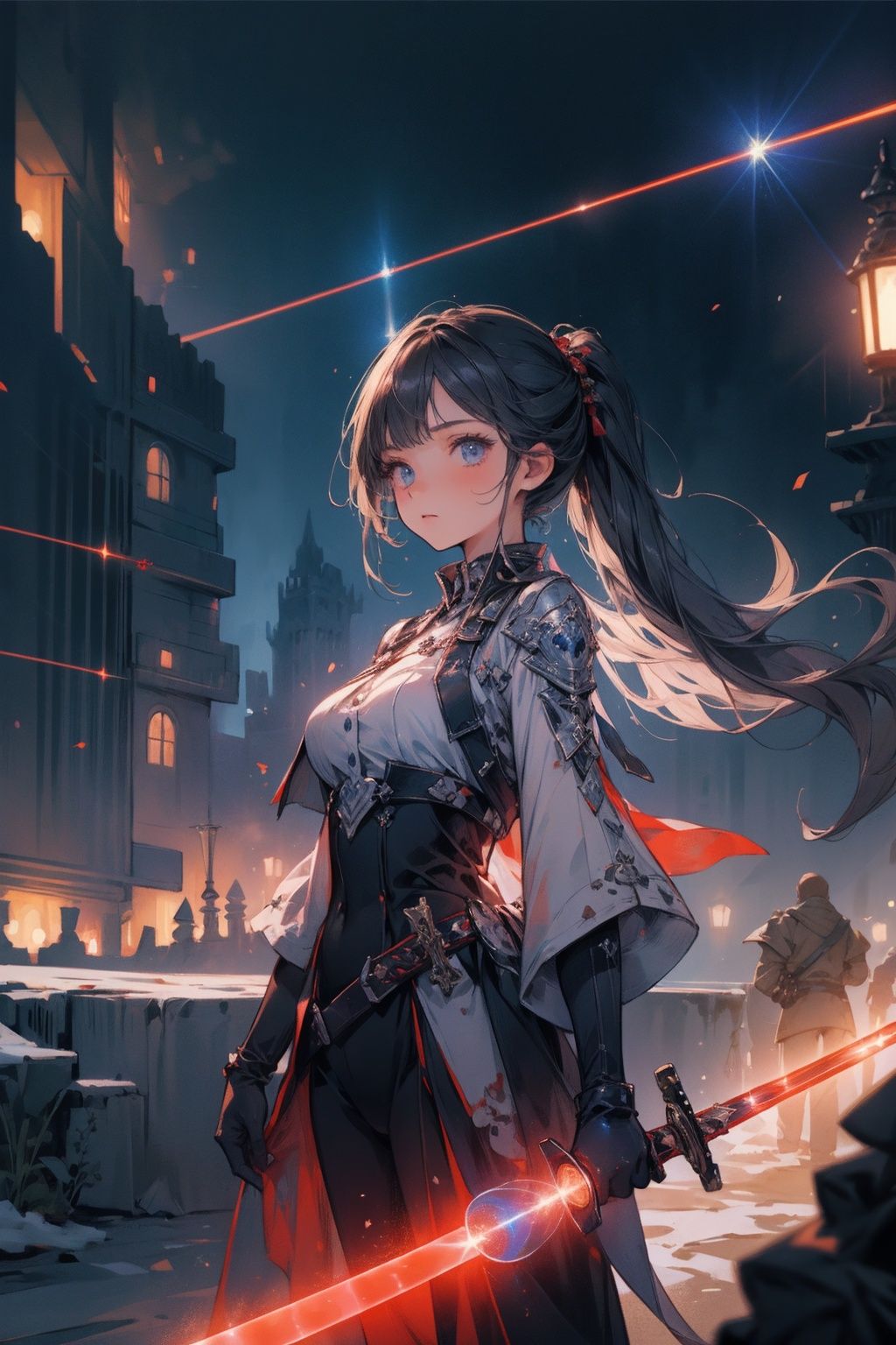 best quality,(masterpiece:1.3),1girl,Cyber, Future City,(((holding Laser Sword))),battle field,ruins 