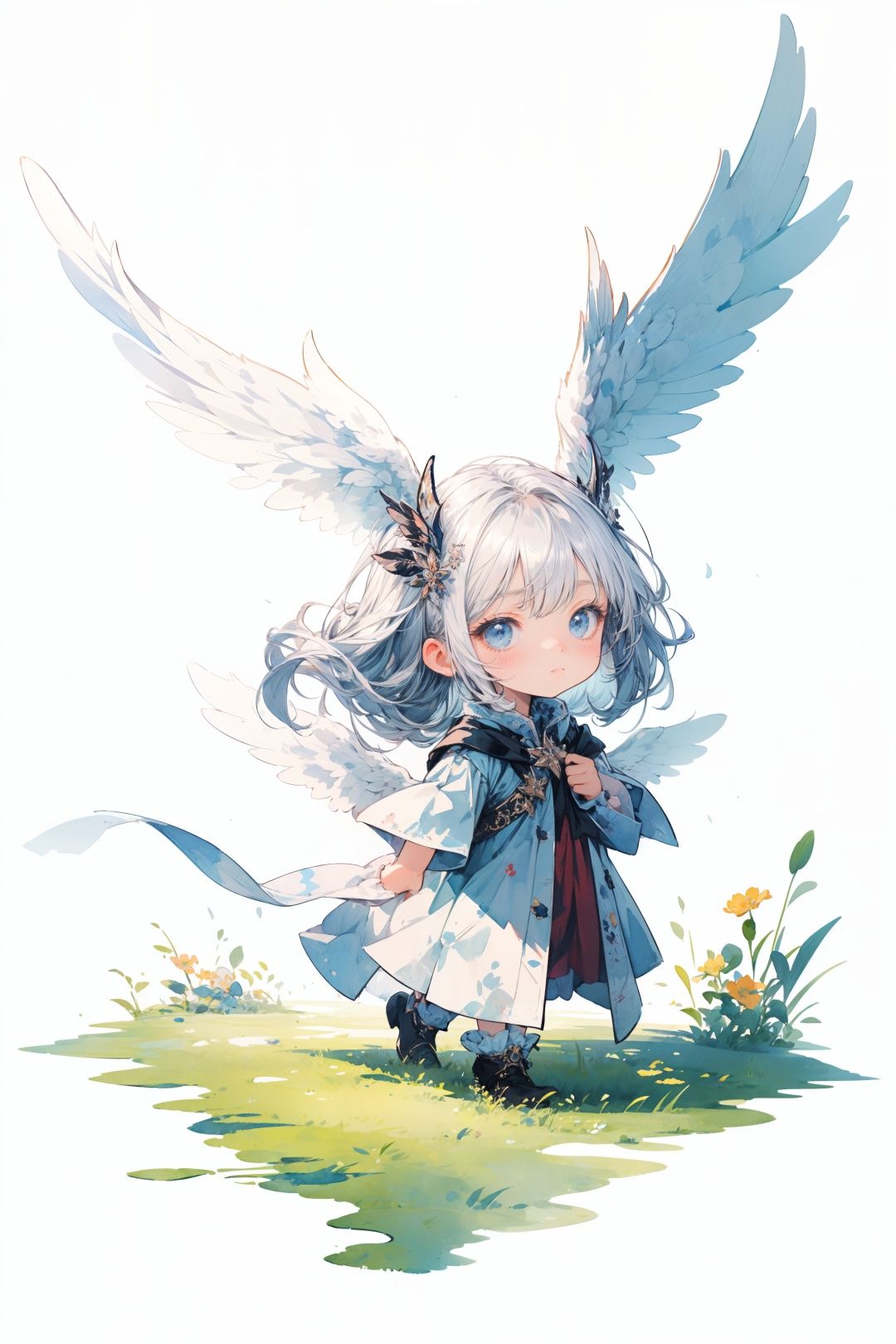 best quality,masterpiece,((simple background, blank background, pure white background)), (simple details),(minimalism:1.4), watercolor, chibi:2,den:2,(cute, sweet, fantasy),little angel girl:3,angel wings,long hairs,on grass,