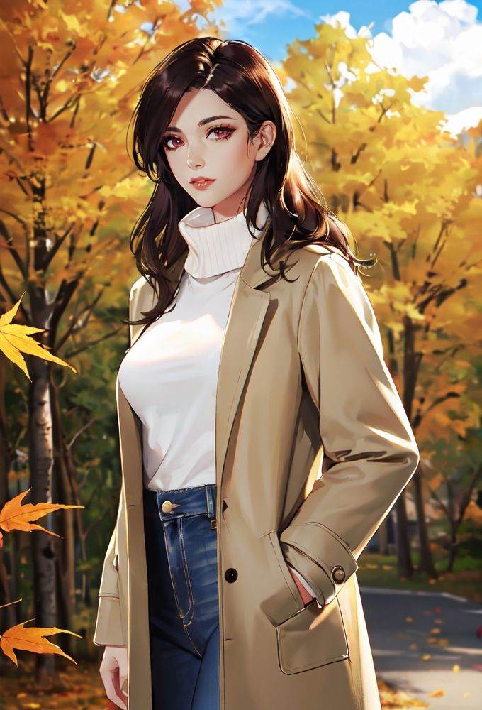 (masterpiece),(best quality),highres,incredibly absurdres,absurdres,very_high resolution,original,intricate details,hyper detail,ultra-detailed,exquisite detailed,extremely delicate,illustration,pixiv,(chromatic aberration),film grain,cinematic,bokeh,caustics,emphasis lines,extremely detailed CG,unity 8k wallpaper,game cg,(1girl),(solo),solo_focus,shiny hair,glossy hair,parted bangs,wavy hair,long hair,disheveled_hair,brown hair,hair behind ear,red eyes,sharp_eyelid,eyeliner,eyelashes,eyeshadow,mature female,milf,(perfect detailed face),lips,(lipgloss),glossy skin,(shiny skin),feminine proportions,skinny,toned,narrow waist,slim,wide hips,curvy,medium_breasts,perky_breasts,long legs,hands in pockets,open coat,turtleneck sweater,high-waist_pants,white sweater,tan_coat,jeans,walking,parted lips,(detailed beautiful scene),scenery,landscape,outdoors,wildness,maple leaf,path,nature,forest,autumn,autumn leaves,<lora:firolian-03:0.5>,firolian,