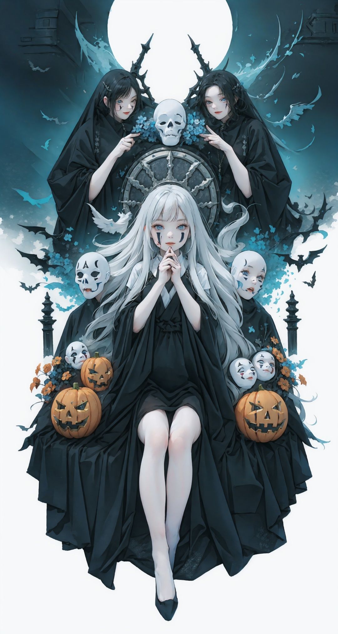  Queen, leaning against the ruins, with a floating skeleton in the background. (pumpkin mask:1.2),The Queen's expression is enchanting,(white stockings),her posture is seductive, her hand is holding her face, and there is a flicker of evil energy runes in the background, blood mist filled, and soft light. No shoes,My feet are covered in bones. Skeletons, many skeletons. Official art, unit 8 k wallpaper, ultra detailed, beautiful and aesthetic, masterpiece, best quality, extremely detailed, dynamic angle, paper skin, radius, iuminosity, cowboyshot, the most beautiful form of Chaos, elegant, a brutalist designed, visual colors, romanticism, by James Jean, roby dwi antono, cross tran, francis bacon, Michael mraz, Adrian ghenie, Petra cortright, Gerhard richter, Takato yamamoto, ashley wood, atmospheric, flowers in full bloom, many bird of parade, deep forests, sunlight, atmosphere, rich details, full body lens, shot from above, shot from below, detail background, beautiful sky, floating hair, perfect face, exquisite facial features, high detail, smile, dynamic angle, dynamic posture, wulian, xinniang