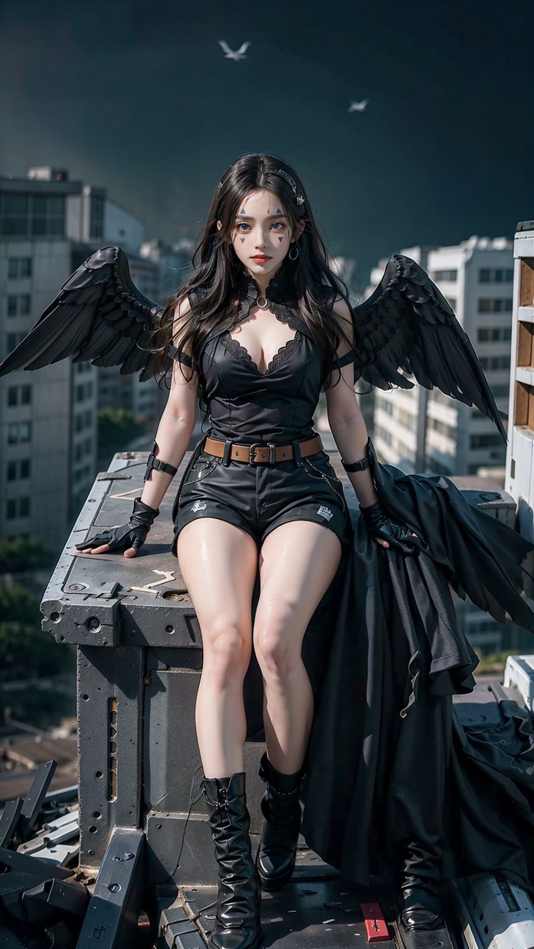  BJ_Gundam, wings, mecha, A girl sitting on a big clock suspended in the sky,solo,(colorful),(finely detailed beautiful eyes and detailed face),long black hair,gloves,boots,shorts,A clock suspended in the sky,fix,Wind,dilapidated city,from above,((masterpiece)),((best quality)),(realistic:1.2)(high detial, intricate details, hyper detailed:1.2),(8k uhd),cinematic lighting,strong contrast,high level of detail,Best quality,masterpiece,. Extremely high-resolution details,photographic,realism pushed to extreme,fine texture,incredibly lifelike, xinniang, wulian