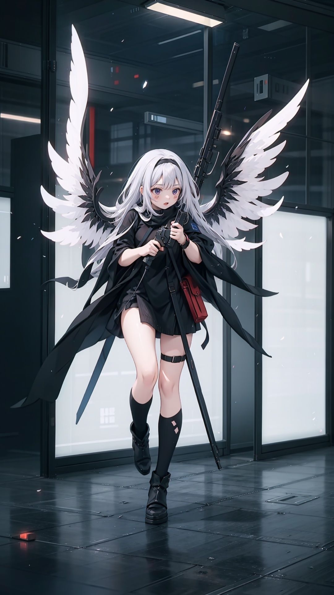  1girl,solo,holding,full body,weapon,holding_weapon,gun,wings,flying,cinematic lighting,strong contrast,high level of detail,Best quality,masterpiece, wulian