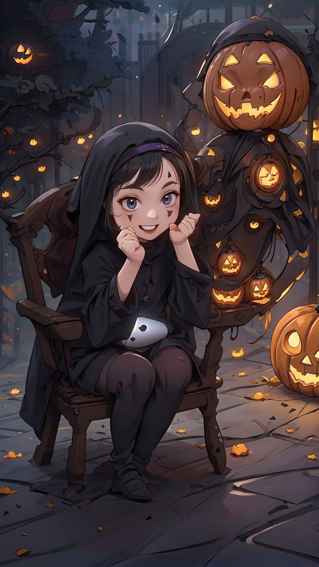  wulian, Masterpiece, best quality, Halloween, jack-o '-lantern, a beauty, sitting on a golden chair, mechanical chair, night, sitting, legs crossed, hands over mouth, smile, Nun, separated sleeves, black stockings, church, backlit, girl, robotic arm, power cord, robot,