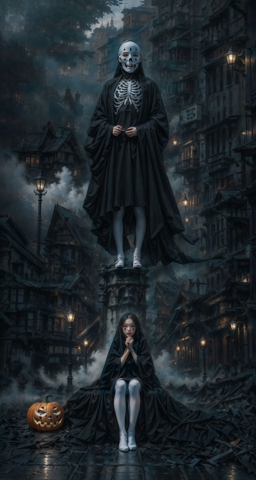  Queen, leaning against the ruins, with a floating skeleton in the background. (pumpkin mask:1.2),The Queen's expression is enchanting,(white stockings),her posture is seductive, her hand is holding her face, and there is a flicker of evil energy runes in the background, blood mist filled, and soft light. No shoes,My feet are covered in bones. Skeletons, many skeletons. Official art, unit 8 k wallpaper, ultra detailed, beautiful and aesthetic, masterpiece, best quality, extremely detailed, dynamic angle, paper skin, radius, iuminosity, cowboyshot, the most beautiful form of Chaos, elegant, a brutalist designed, visual colors, romanticism, by James Jean, roby dwi antono, cross tran, francis bacon, Michael mraz, Adrian ghenie, Petra cortright, Gerhard richter, Takato yamamoto, ashley wood, atmospheric, flowers in full bloom, many bird of parade, deep forests, sunlight, atmosphere, rich details, full body lens, shot from above, shot from below, detail background, beautiful sky, floating hair, perfect face, exquisite facial features, high detail, smile, dynamic angle, dynamic posture, wulian, xinniang