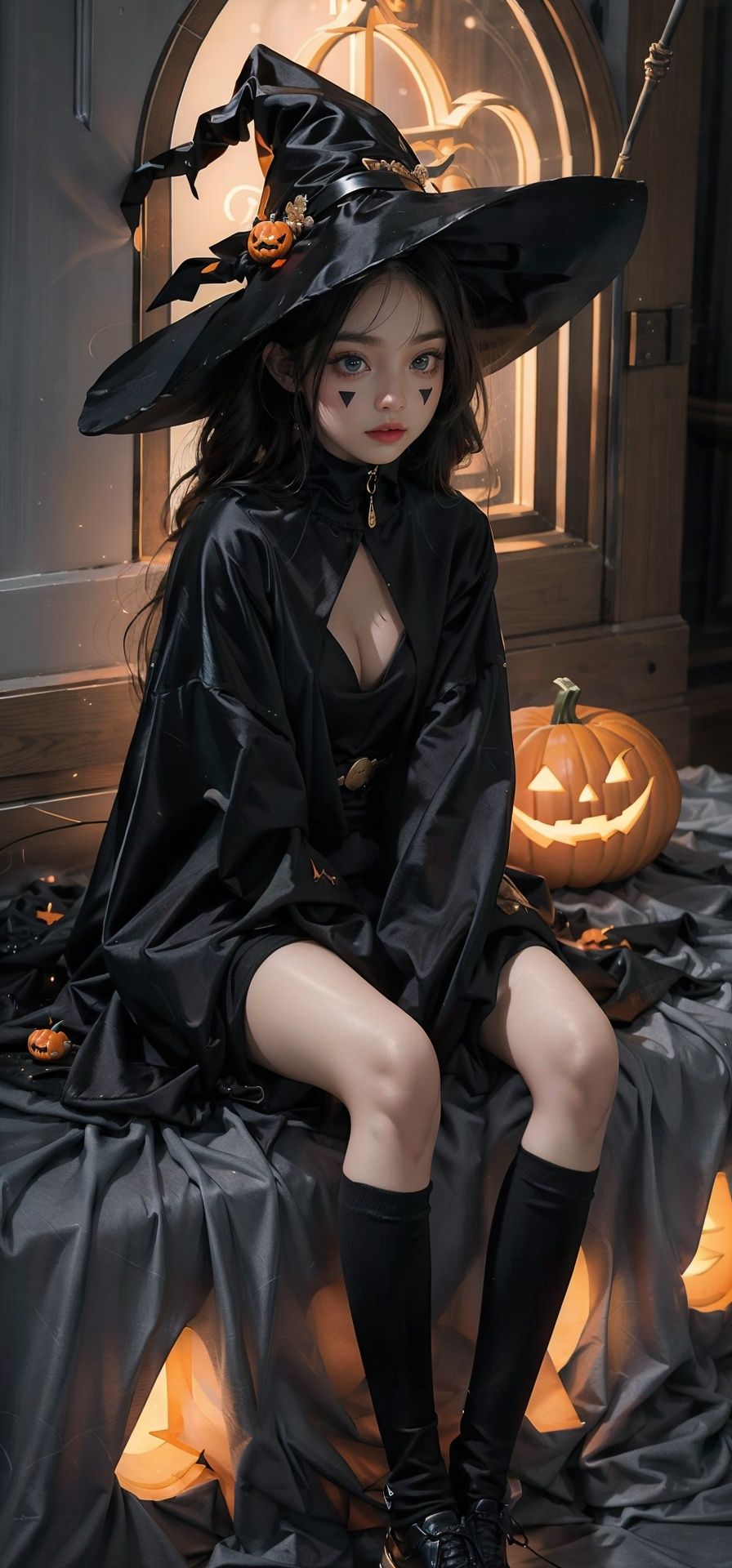  1girl,（Riding on a broomstick and flying in the air:1.4),（sitting on a broom:1.4),Various European castles underground,creepy pumpkins background,dressed as a witch,tall witch hat,thigh_highs,mini_skirt,large_hips,spooky,ghosts, Halloween, cleavage cutout,blushing,long_hair,tiny-waist,High detailed, sssr,pantyhose,wulian