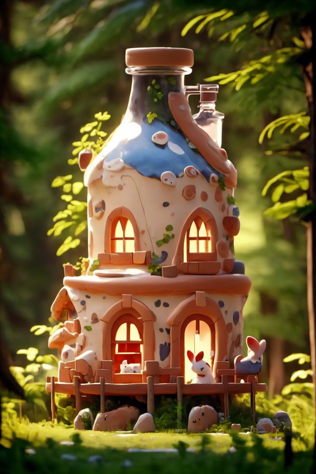 3dfz, no humans, mouse, house, chimney, window, plant, grass, rabbit, outdoors, tree, blurry, vines, bottle, animal,tilt-shift,best quality,masterpiece,realistic,HDR,UHD,8K,