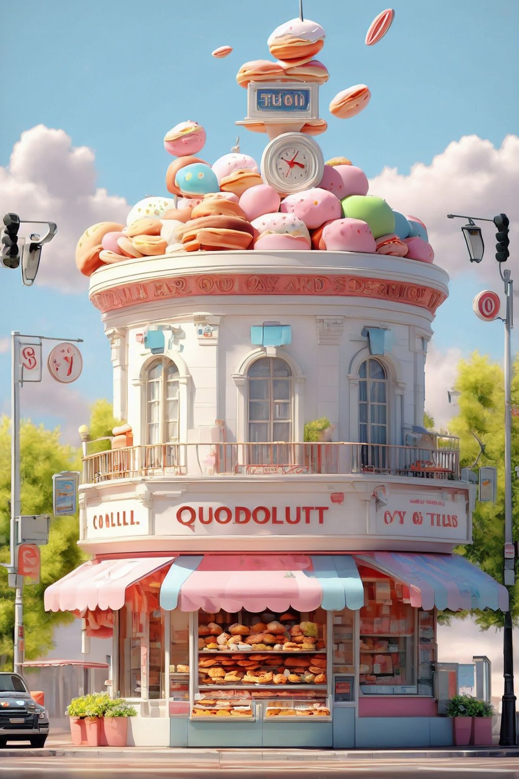 3dfz, no humans, outdoors, ground vehicle, food, motor vehicle, car, sky, building, shop, tree, day, sign, window, scenery, doughnut, clock, cloud,tilt-shift,best quality,masterpiece,realistic,HDR,UHD,8K,