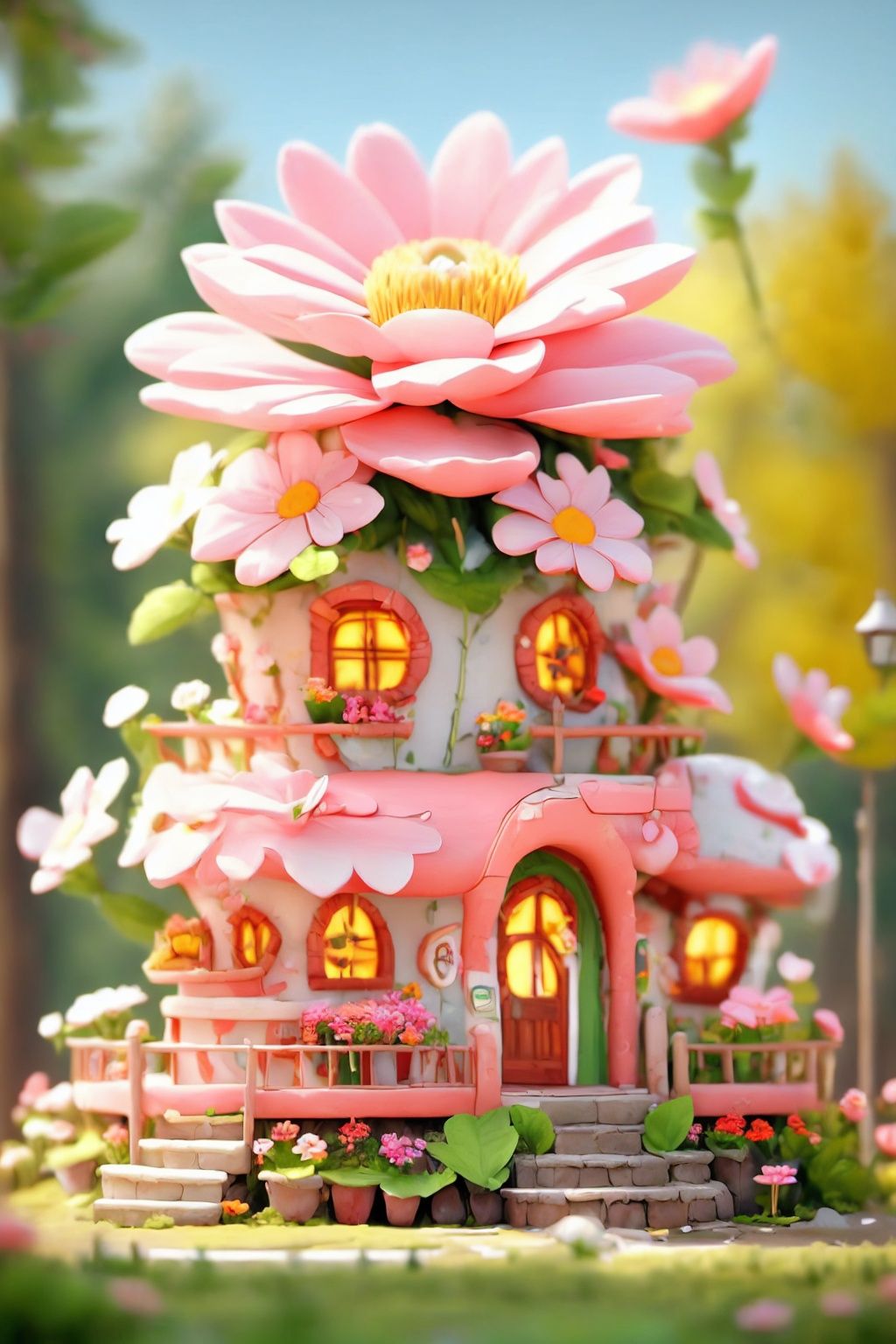 3dfz, flower, no humans, window, pink flower, door, stairs, scenery, grass, plant, house,tilt-shift,best quality,masterpiece,realistic,HDR,UHD,8K,