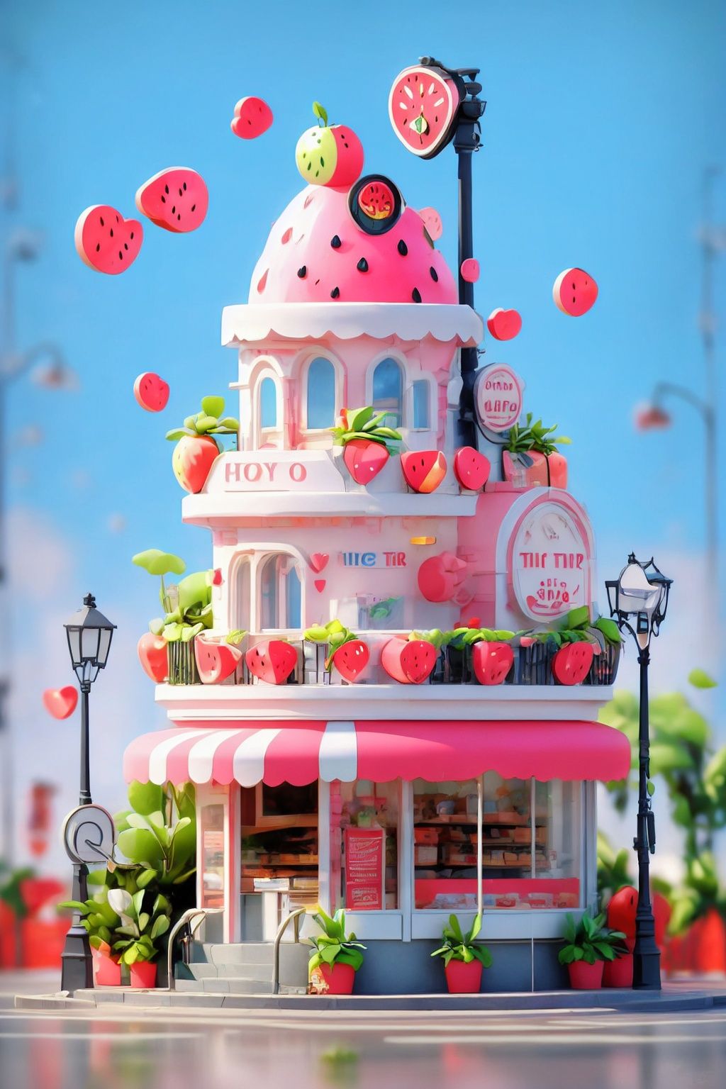 3dfz, no humans, sign, food, scenery, plant, window, outdoors, building, sky, heart, shop, blue sky, day, lamppost, stairs, fruit, potted plant, english text,tilt-shift,best quality,masterpiece,realistic,HDR,UHD,8K,
