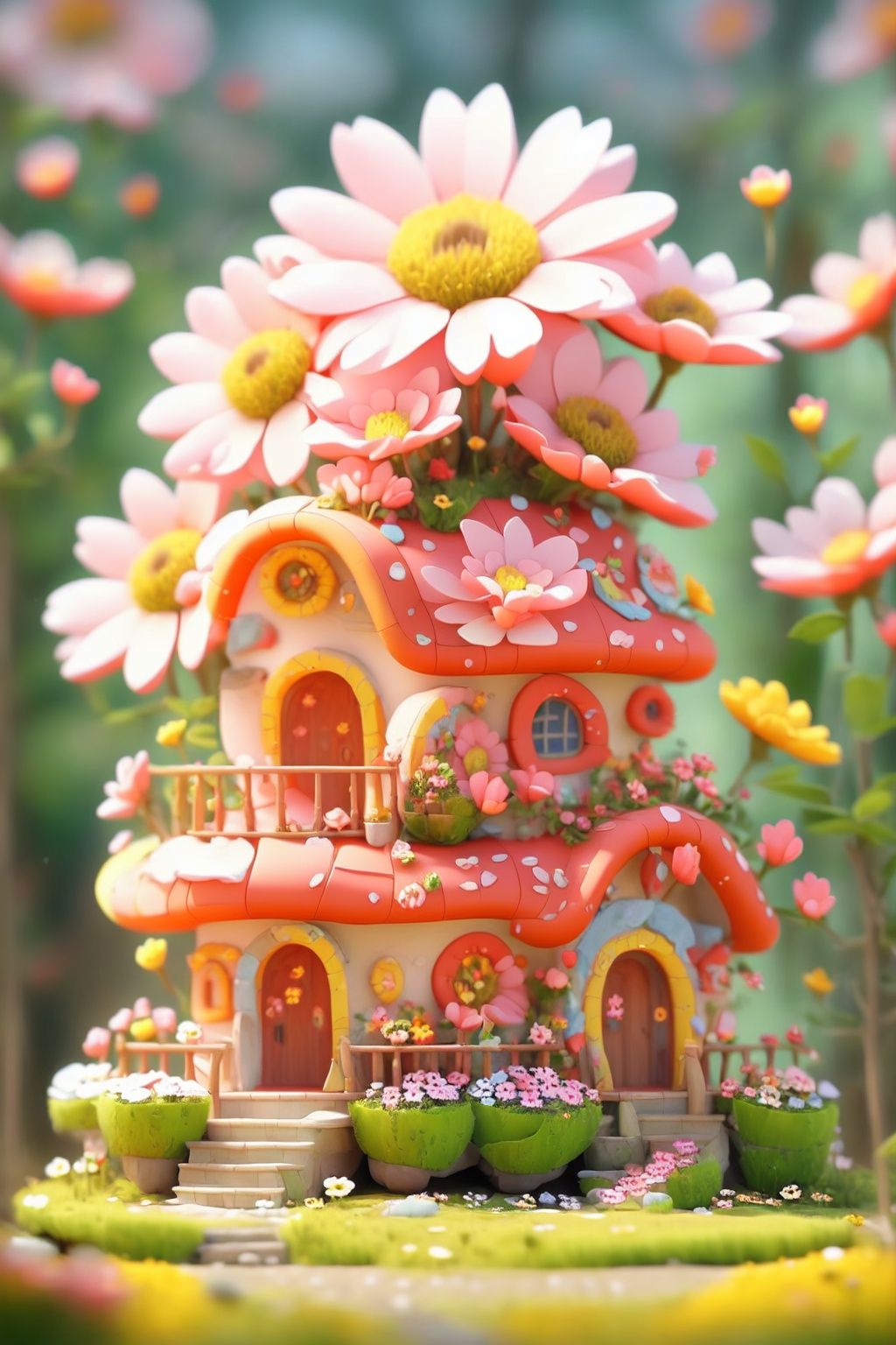 3dfz, flower, no humans, window, pink flower, door, stairs, scenery, grass, plant, house,tilt-shift,best quality,masterpiece,realistic,HDR,UHD,8K,