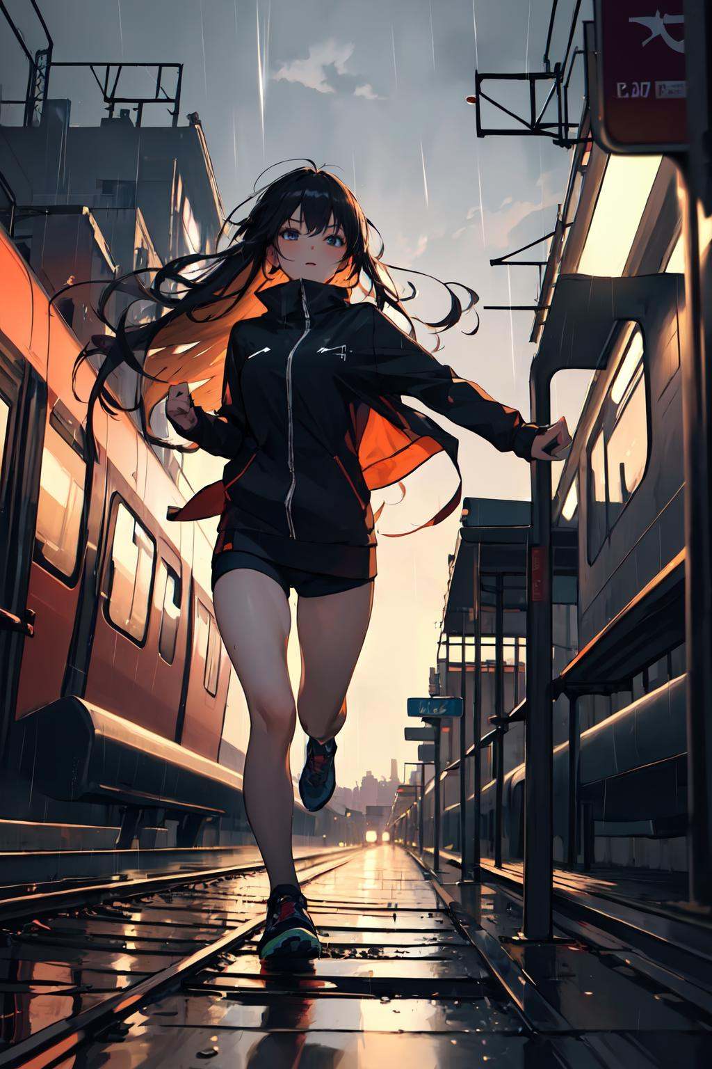 ),  1girl with a very long hair running through train tracks,  nighttime on Tensor.Art