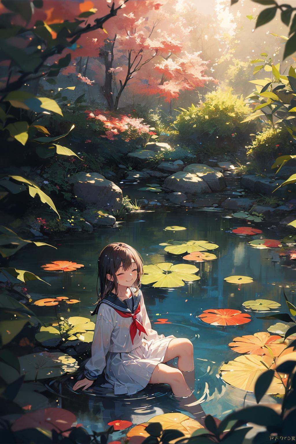1girl,  sitting,  pond scenery on Tensor.Art