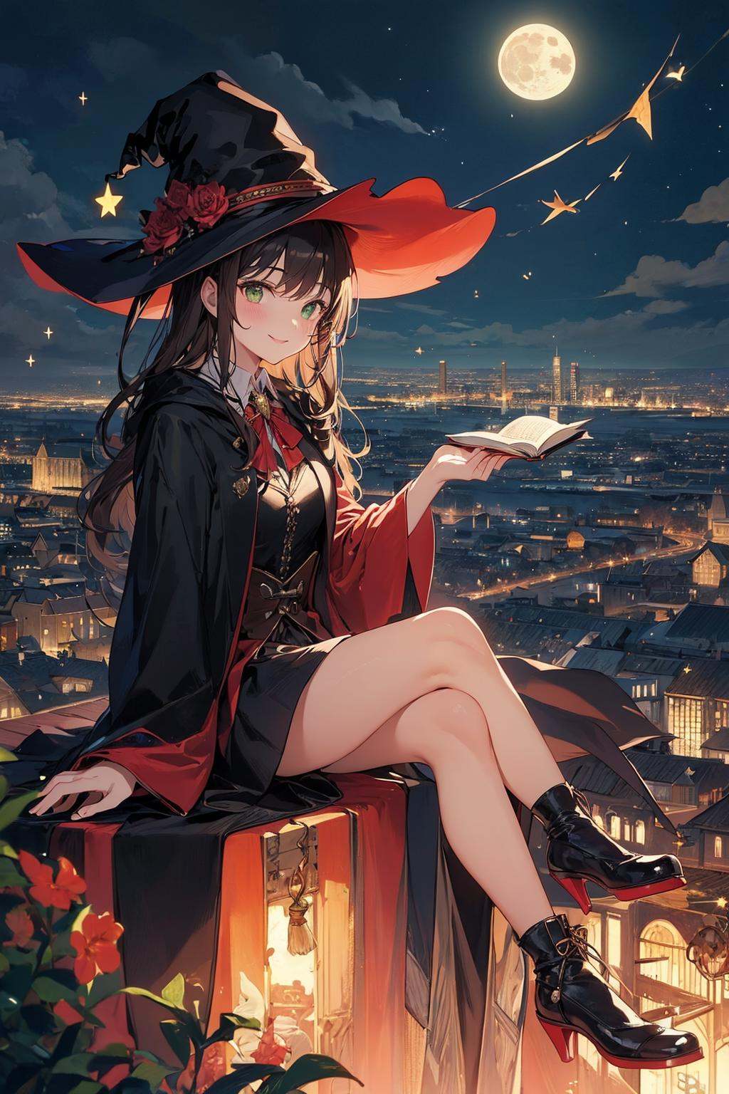 A young witch ,  flying on a broomstick over a city at night,  oil painting on Tensor.Art