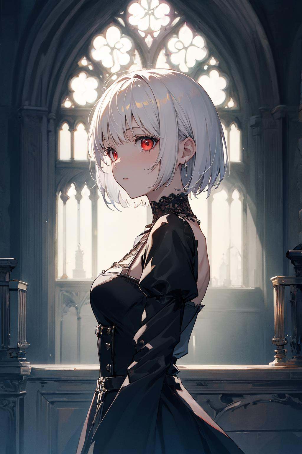1girl with a short bob cut hair,  white hair,  red eyes on Tensor.Art
