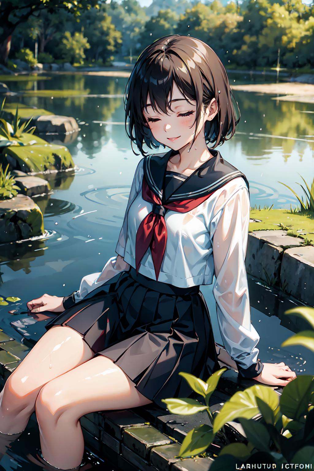1girl,  sitting,  pond scenery on Tensor.Art
