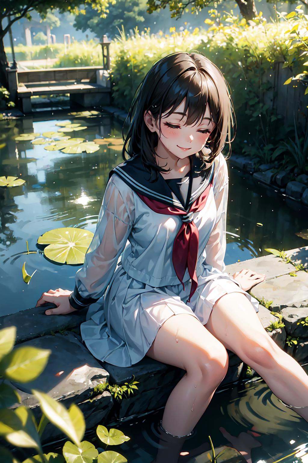 1girl,  sitting,  pond scenery on Tensor.Art