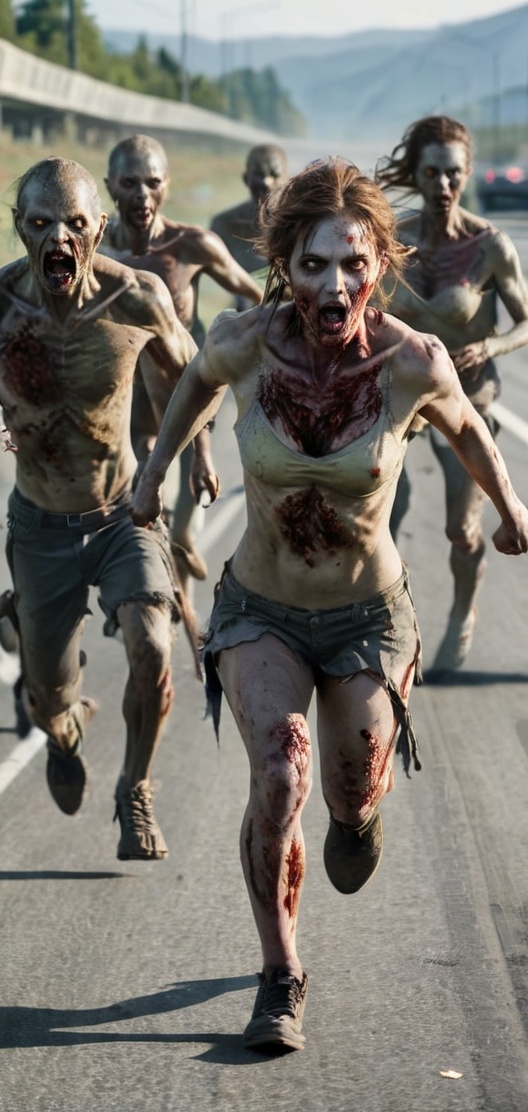 Create a photo realistic herd of mutated zombies running after women in highway.sharp focus,  high detail. on Tensor.Art