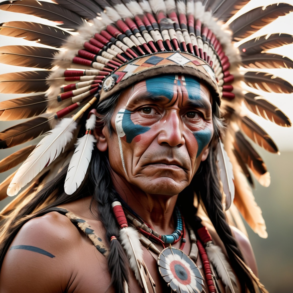 Raw photo,  Documentary photography of a majestic Native American chief from the year 1860,  adorned with intricate war pa...